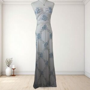 Y2K white & blue beaded prom dress fairycore strapless maxi gown coquette